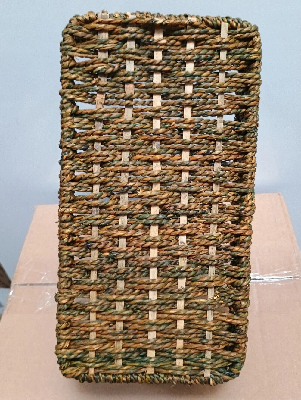 VINTAGE Coastal Woven Rectangular Storage Basket wth Handles Brown Checkerboard